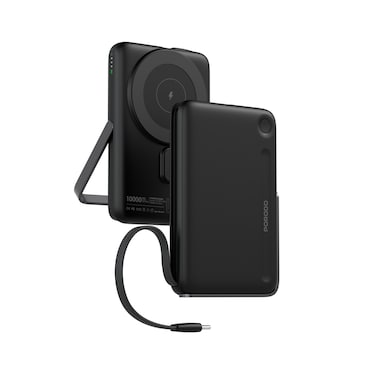 Porodo Power Bank Compatible with MagSafe, Built-In Type-C &amp; Stand, 10000mAh Battery Capacity, 15W Wireless Output, 20W Type-C Output, Strong Magnetic Hold, Secure Stand - Black

