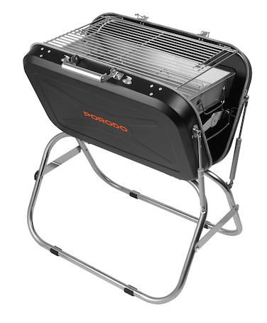 Porodo Lifestyle Portable Folding BBQ Grill, 17-inch Grilling Area, Iron, Chromed Steel, 590x435x660 mm Unfolded, 590x380x115 mm Folded, Quick Setup, Easy to Clean, Black
