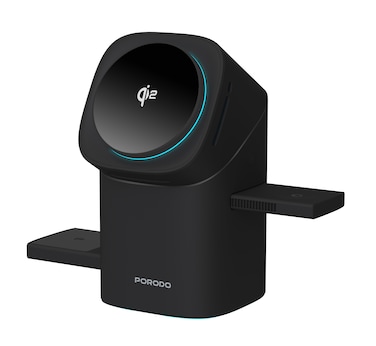 Porodo 3-in-1 Wireless Charger, 15W Fast Charging, Auto Rotation, Auto-Slide Modular Design, Type-C Interface, Multi-Device Charging for Smartphones, Smartwatches &amp; Earbuds - Black
