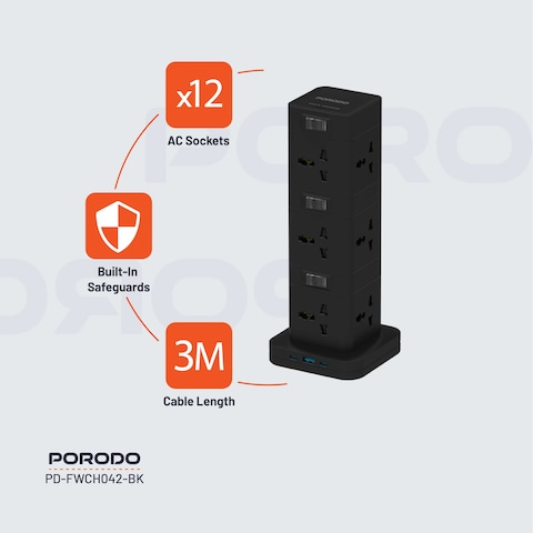 بورودو موزع طاقة ثلاثي المستويات بـ 12 منفذ AC، منفذا USB-C بقوة PD 20W، منفذ USB-A، حماية مدمجة، كابل بطول 3 أمتار، طاقة 2500 واط، مادة PC مقاومة للحريق، تصميم مدمج ومتين - أسود
