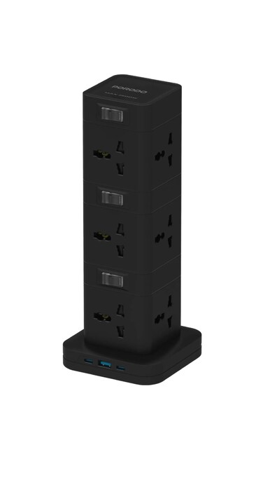 Porodo Three-Storey 12 AC Power Hub, Dual USB-C Ports PD 20W, USB-A Port, Built-in Safeguards, 3M Cable, 2500W Rated Power, Fire-Resistant PC Material, Compact &amp; Durable - Black
