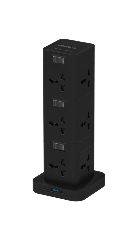 بورودو موزع طاقة ثلاثي المستويات بـ 12 منفذ AC، منفذا USB-C بقوة PD 20W، منفذ USB-A، حماية مدمجة، كابل بطول 3 أمتار، طاقة 2500 واط، مادة PC مقاومة للحريق، تصميم مدمج ومتين - أسود
