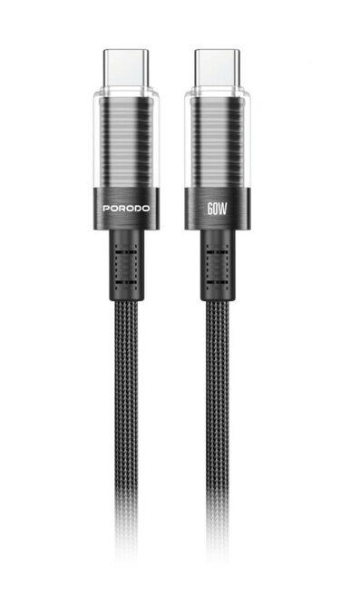 Porodo Transparent Shell USB-C to USB-C Cable, 1.2m Braided Design, PD 60W Fast Charging, Data Transfer, High-Speed Charging, Safe &amp; Secure, Universal Compatibility for Laptops &amp; Smartphones - Black