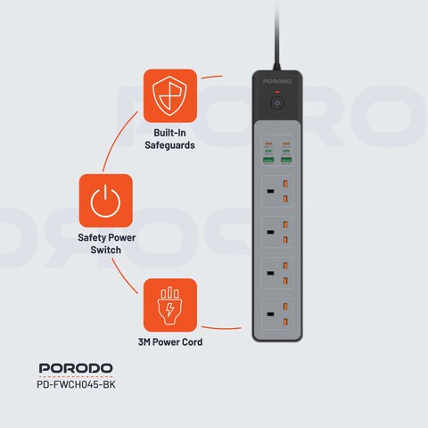 بورودو موزع طاقة 4AC بقوة 3000 واط، شحن سريع 65 واط، مفتاح طاقة آمن، حماية مدمجة، كابل طاقة 3 متر بقابس UK، جهد 110-265 فولت، تصميم مدمج ومتين - أسود
