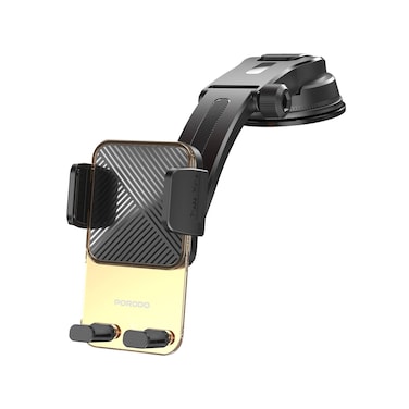 Porodo Crystal Mount with Extended Base, 60-90mm Grip Width, Transparent Design, Strong Adhesive, ABS &amp; Silicone Material, Secure Device Mounting, Gold Finish for Elegant Style
