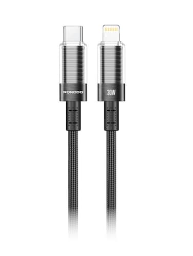 Porodo Transparent Shell USB-C to Lightning Cable 1.2m   PD 30W Fast Charging, Universal Compatibility, Safe &amp; Secure, Durable Braided Wire, High-Speed Data Transfer - Black
