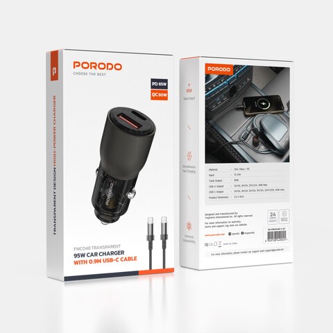 شاحن سيارة بورودو الشفاف بقوة 95 واط مع كابل USB-C بطول 90 سم، منفذين للشحن السريع QC 30W وPD 65W، شحن سريع متزامن، توافق عالمي، هيكل متين من سبائك الزنك للأجهزة الذكية واللابتوبات - رمادي
