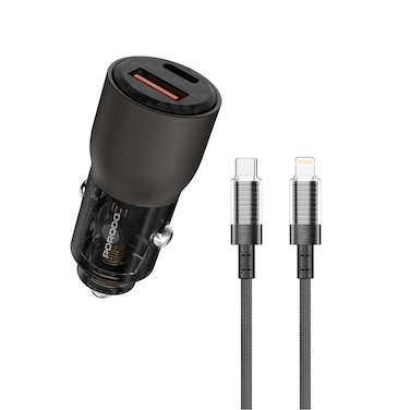 Porodo 95W Transparent Car Charger   QC 30W, Zinc Alloy + PC, Universal Compatibility, 12-24V Input, USB-C 65W &amp; USB-A 30W Outputs, Includes Lightning Cable - Gray