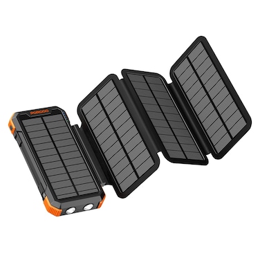 بنك الطاقة الشمسية Porodo بسعة 20000mAh مع 4 ألواح شمسية، مقاوم للماء IP45، مخرجات Type-C و USB-A و Micro USB، شحن بواسطة يد المنشار، فلاش متعدد الأوضاع، أسود
