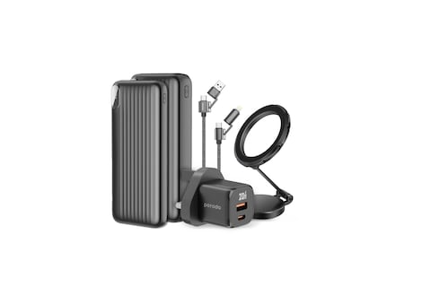 مجموعة بورودو المتكاملة 6 في 1 مع شاحن GaN مزدوج المنافذ، حامل مغناطيسي MagSafe، باور بانك 10000mAh و20000mAh، كابل شحن 1.2 متر، حقيبة سفر مرفقة - أسود

