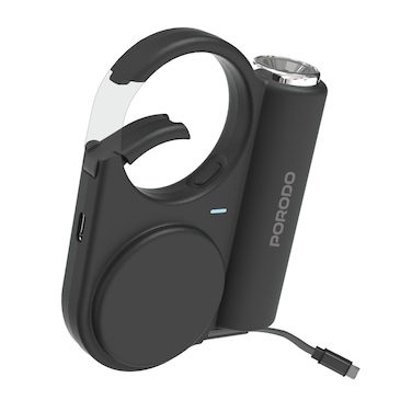 Porodo 5000mAh Outdoor Power Bank, 70cm Retractable Type-C Cable, Flashlight with Adjustable Brightness, Built-in Carabiner Hook, Compact &amp; Travel-Friendly - Black
