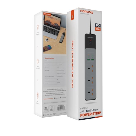 بورودو موزع طاقة 3000 واط، 4 منافذ USB-C و2 منافذ USB-A، 3 منافذ AC، شحن سريع USB بقوة 45 واط، شحن متعدد الأجهزة، أمان مدمج، حماية من زيادة التيار، كابل UK بطول 3 متر - أسود

