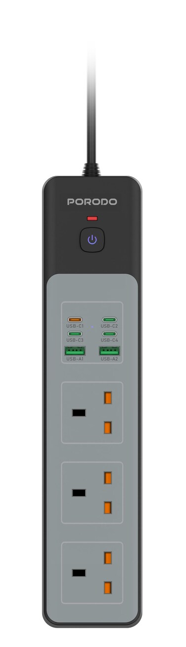 Porodo Power Strip, 3000W, 4 USB-C &amp; 2 USB-A Ports, 3 AC Outlets, 45W USB Fast Charging, Multi-Device Charging, Built-In Safety, Surge Protection, 3M UK Plug Cable - Black
