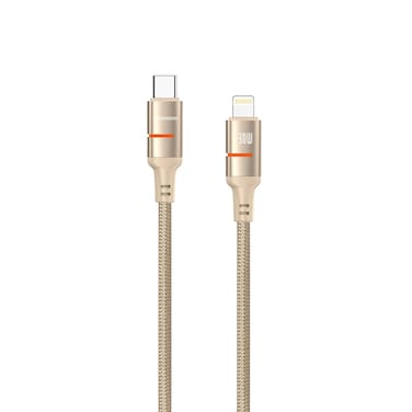 Porodo USB-C to Lightning LED Light Cable with 30W Power Delivery, 480Mbps Transfer Speed, 1.2m Cable Length, Fast Charging &amp; Data Transfer, Braided Wire - Gold
