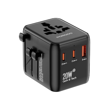 شاحن السفر العالمي السريع بورودو GaN، شحن سريع PD 20W، طاقة 2500 واط، شحن متزامن، متوافق عالميًا (200+ دولة)، حماية مدمجة واحتياطية - أسود
