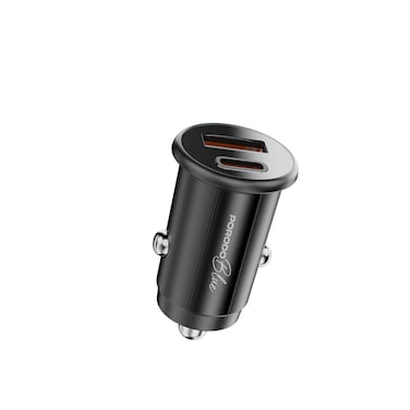 Porodo Blue Dual Port 30W Car Charger with Type-C to Lightning Cable, USB-C &amp; USB-A Ports, 15W Shared Output, Polycarbonate Material, 12-24V Input - Black
