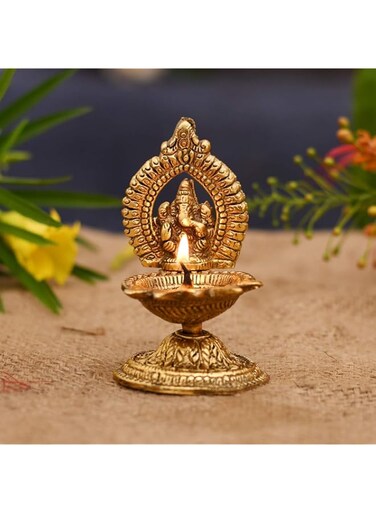 Collectible India Metal Ganesha Design Decorative Diya (Golden,4.5 X 2 X 2in)