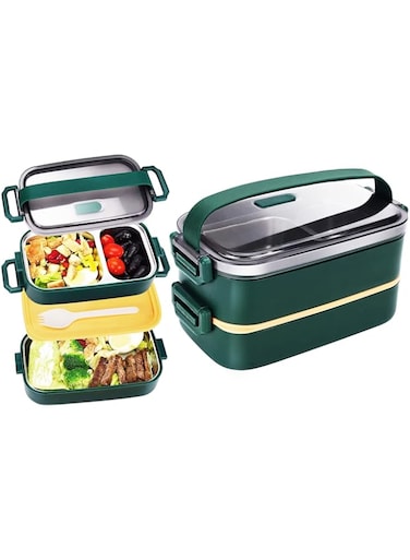 NOSLY Stainless Steel Bento Box for Adults&amp;Kids, Leakproof Lunch Box Divided Food Meal Storage Containers Set Stackable 2 Layer for Children School Picnic (Green)