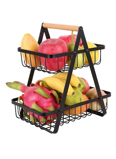 Fruit Basket for Kitchen Countertop 2 Tier Portable Metal Wire Storage Rack with Wooden Handle Detachable Rectangle Basket for Kitchen Organizer Storage Bread Snacks Fruits 2 Layer Black.