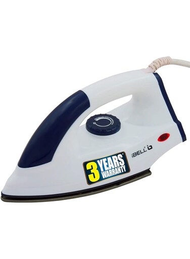 IBELL Plastic Diamond 1000 Watts Dry Iron Box With Non-Stick Ptfe Base, Adjustable Thermostat Control And Shock Proof Body - White