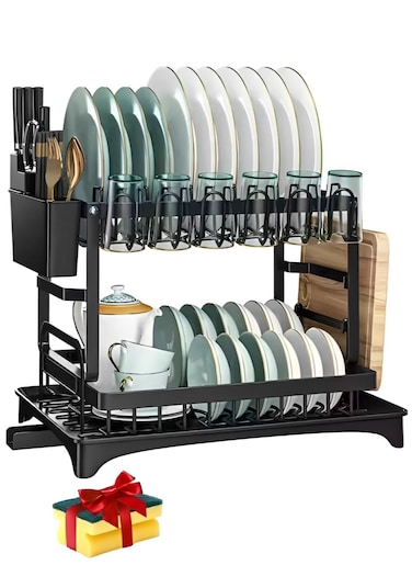 2 Tier Dish Drying Rack for Kitchen Counter, Dish Drainers for Kitchen Counter with Drainboard, Metal Kitchen Dish Rack with Drain, Kitchen Drying Rack Two Tier, Black Dish Racks (Black)