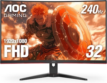 AOC C32G2ZE 32-inch Curved Frameless Gaming Monitor, Full HD 1920x1080, VA, 0.5ms 240Hz, AMD FreeSync Premium, DP/HDMI/VGA, VESA, 3-3-1 Re-Spawn Program, Xbox PS5 Switch,Black/Red