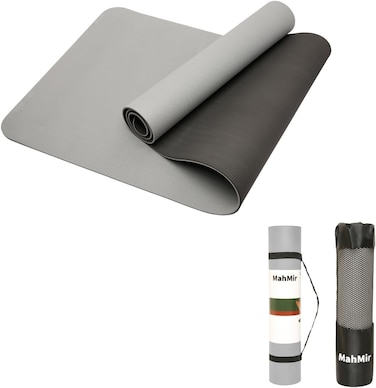 MahMir Yoga Mat Anti-Slip Exercise Mat with Carrying Bag Fitness Mat for Pilates 183CM*61CM*6MM Thickness for Woman Man Beginners Dark Grey + Black