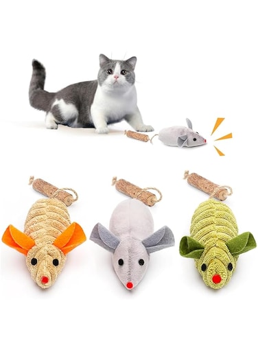 Masroo Cat Toys 3Pcs Squeak Mice, Interactive Catnip Silvervine Animals Toys for Indoor Kittens, Dental Matatabi Cat Nip Chirping Toy, Cat Chew Exercise Toy for All Breeds and Species