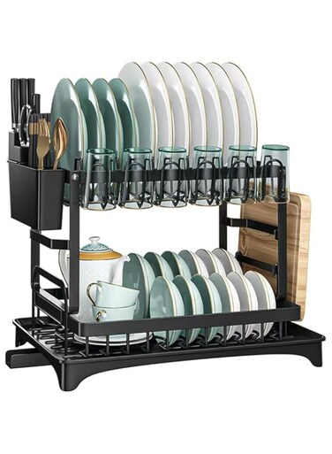 2-layer dish rack, 2-layer rust-proof dish rack, equipped with dish rack, plate slot and water tray, the lower dish rack can be pulled out for easy access, black finish, saves countertop (black)