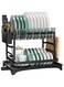 2-layer dish rack, 2-layer rust-proof dish rack, equipped with dish rack, plate slot and water tray, the lower dish rack can be pulled out for easy access, black finish, saves countertop (black)