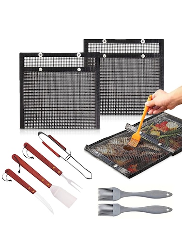 BBQ Grill Mesh Bag Set With Oil Brush and Barbecue Tool Set, Bbq Mat Non-Stick PTFE Cooking Surface for Meat, Vegetables, Fish, and Cookies, Heavy Duty for Charcoal, Gas, or Oven