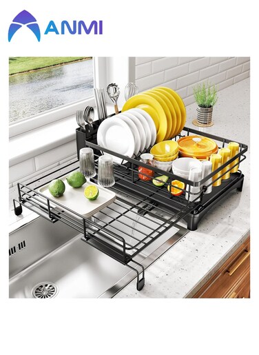 Dish Drying Rack - Extendable Dish Rack, Large Sink Drying Dish Drainer for Kitchen Counter, Stainless Steel Dish Strainer with Utensil Holder, Black (Upgraded version)