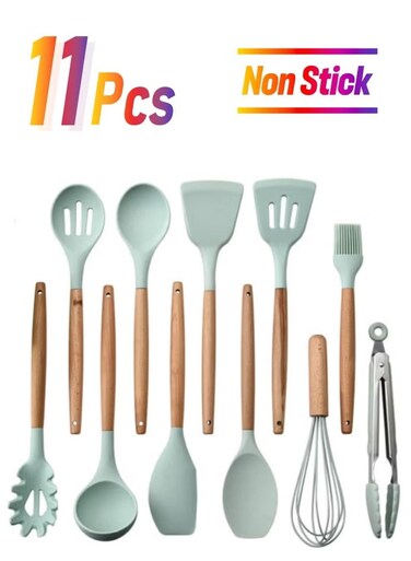 11-Piece Wooden Handle Bucket Cookware Spoon Set, Mint Green &acirc;&euro;&ldquo; Durable Kitchen Utensils for Cooking, Stirring, Serving, Eco-Friendly and Stylish