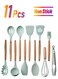 11-Piece Wooden Handle Bucket Cookware Spoon Set, Mint Green &acirc;&euro;&ldquo; Durable Kitchen Utensils for Cooking, Stirring, Serving, Eco-Friendly and Stylish