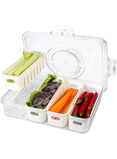 Fruit Storage Containers for Fridge-Portable Divided Serving Tray with Lid and Handle-4 Compartment Snack Containers,Veggie Tray With Lid for Snack,Candy Tray - Perfect for Party,Travel,Picnic