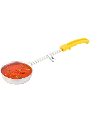 Solid 5 Oz Spoodle, Scoop Food Portioner, Portion Controller - Stainless Steel - Yellow Handle - 1Ct Box - Met Lux - Restaurantware