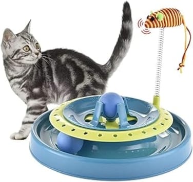 Nyganmelloz Cat Toys, Cat Interactive Turbo Track Ball Toys Catch The Mouse Exercise Scratcher Roller Turntable Kitten Sway Toy Mental Physical Exercise Amusement Pet Supplies blue