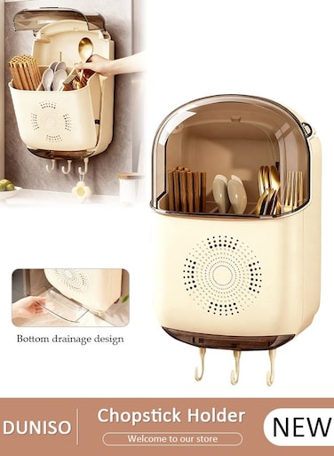 Cutlery Rack, Wall Mounted Chopstick Rack, Bathroom Drainage Tool Storage Box, Wall Mounted Kitchen Tool Rack, Multi-Functional Dustproof Drainage Chopstick Cage with Cover