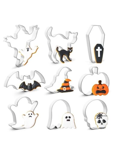 Cookie Cutters Set,9 Piece Stainless Steel Metal Party Cookie Cutters Shapes - Pumpkin, Ghosts, Bat, Black Cat, Witch's Hat, Skull, Coffin, 1, Silver