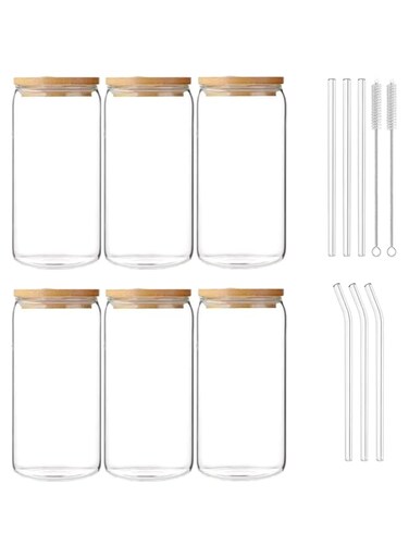 500ml Cocktail Glasses with Lid,Straw,Glass Storage Jar-Pack of 6 Reusable Drinking Glasses for Iced Coffee, Beer, Bubble Tea, Smoothies &amp; Cocktails - Stylish Glass Jars with Lids for Home &amp; Party Use