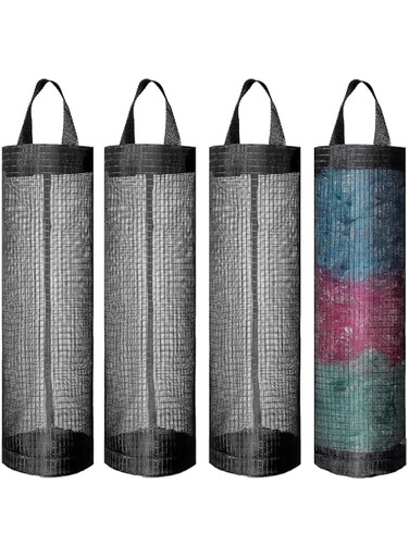 Oasisgalore 4 Pieces Black Plastic Bag Holder, Carrier Bag Storage Sticky Hooks, Hanging Grocery Bag, Plastic Carrier Bags Plastic Bag Dispenser for Home Kitchen Garbage Bag Storage