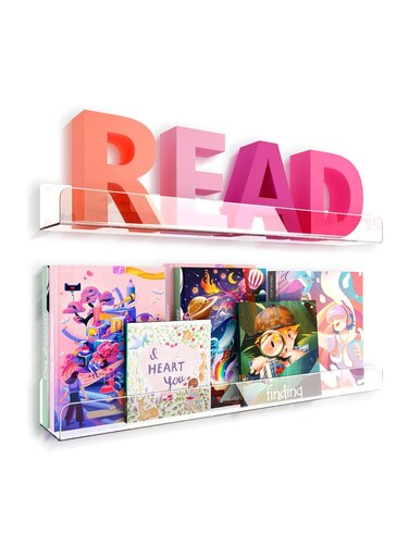 24 inches Wall Mounted Kids Bookshelf, Clear Acrylic Display Book Shelves for Kids Room Nursery Toddler Classroom 2 Packs