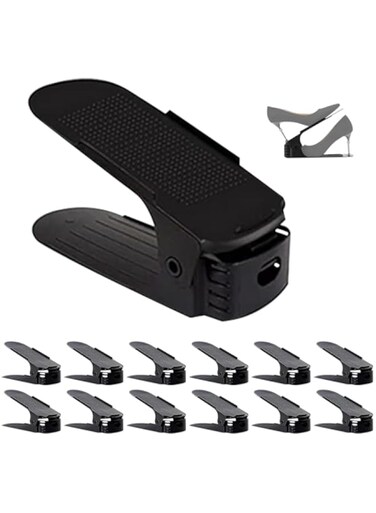 12-Pieces Adjustable Shoe Organizer Double Layer Shoe Rack Stackable Shoe Slot for Closet, Black