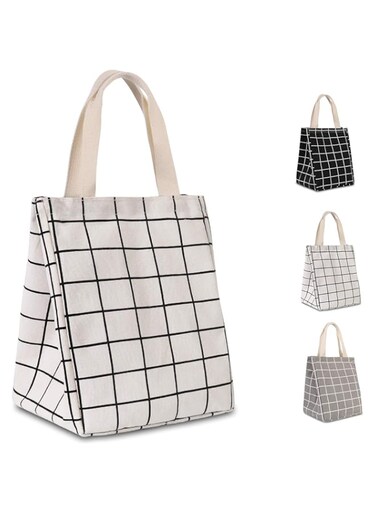 HOMESPON Reusable Lunch Bag Insulated Lunch Box Canvas Fabric with Aluminum Foil, Lunch Tote Handbag for Women,Men,School, Office White White Checkered