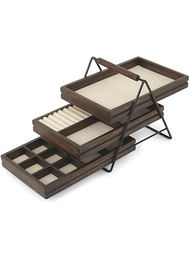 Umbra Terrace Tier Jewelry Three SlidingLinen Lined Wood Trays With Metal Frame And Handle, Easy Storage And Access, Walnut, 3 Each