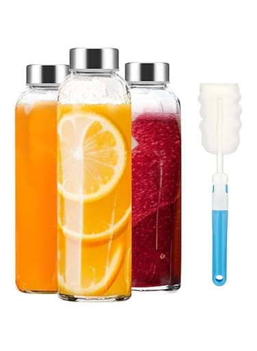 Tronco 18 oz Glass Juice Bottles with Lids,Reusable Glass Water Bottles with Stainless Steel Cap for Juicing, Cold Coffee, Iced Tea, juice and Fresh Ginger Tea, Leak Proof, Refrigerator, Set of 3