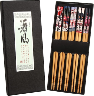 Chopsticks - Premium 5-Pack Japanese Reusable Chopsticks with Fortune Cat Print - Natural Food-Grade Chop Sticks for Sushi, Asian Dishes