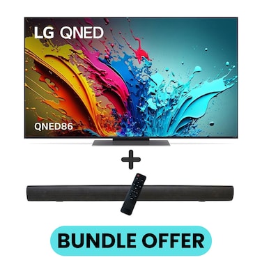 55 Inch QNED86 4K Smart TV with HDR10 Pro, 120Hz, &amp;alpha;8 AI Super Upscaling 4K, &amp;alpha;8 AI Processor, webOS 24, and 2.0 Channel 600W Soundbar, Bluetooth, USB, FM Radio, 55QNED86T6A+TH-N322B