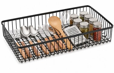 Kitchen Drawer Organizer Tray, Metal Cabinet Storage Basket for Cutlery Utensils Spoons Forks Gadgets, Countertop Organization - Black (Pack of 1)