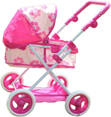 UKR Doll Stroller Canopy Pink for Girls Foldable Girl Pretend Play Toy Dolls Pram with Adjustable Handle Floral Canopy with Storage Basket.